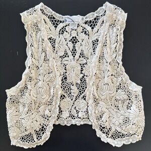 Imaginary Voyage Crochet Lace Vest Cream Sleeveless Floral Open Front Boho Top M